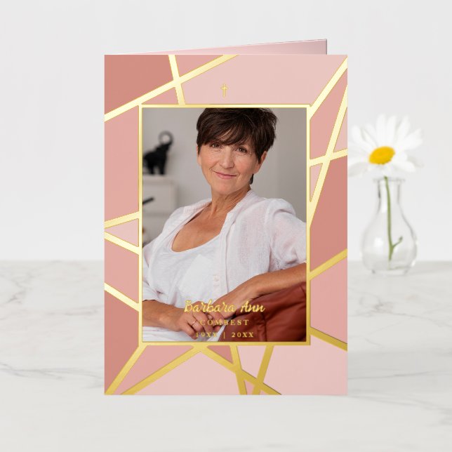 Elegant Pink Abstract Photo Memorial Funeral Foil Holiday Card (Small Flower)