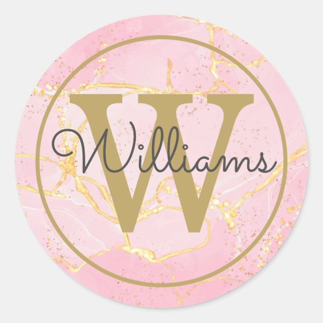 Elegant Pink Agate Geode Gold Monogram Script Classic Round Sticker (Front)
