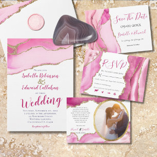 Elegant Pink Agate Stone Gold Inlay Wedding Invitation