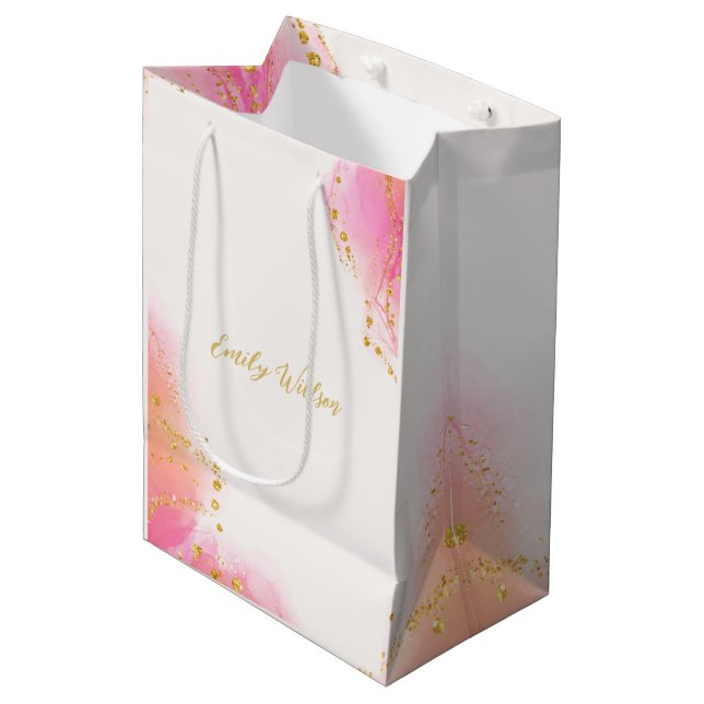 Elegant Pink Alcolol Ink Gold Glitter Party Medium Gift Bag (Front Angled)