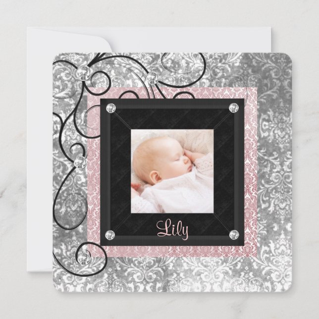 Elegant Pink and Black Baby Girl Photo Birth Announcement (Front)