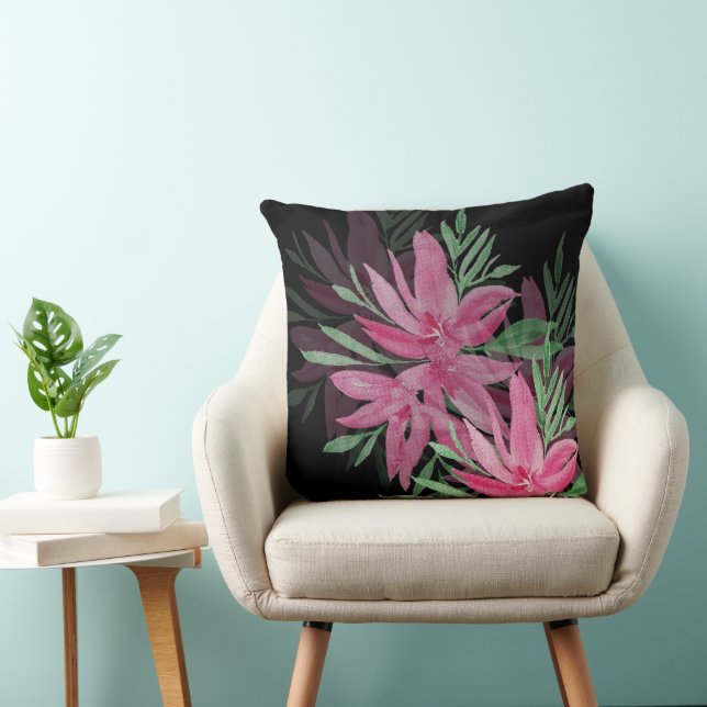 Elegant Pink And Black Boho Floral Watercolor  Cushion (Chair)