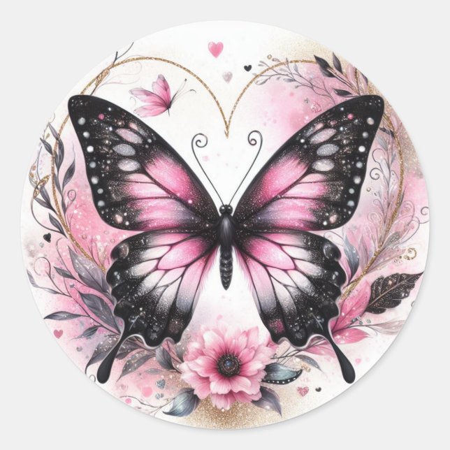 Elegant Pink and Black Butterfly with Heart Art Classic Round Sticker (Front)