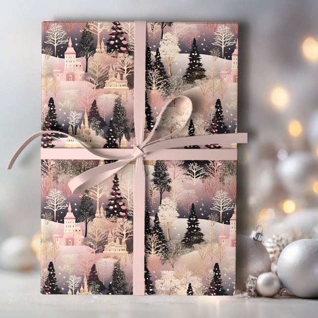 Elegant Pink and Black Christmas Village Wrapping Paper (Creator Uploaded)