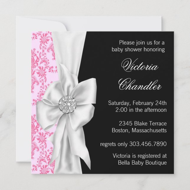 Elegant Pink and Black Damask Baby Girl Shower Invitation (Front)