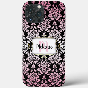 Elegant Pink and Black Damask with Monogram Case-M iPhone 13 Pro Max Case