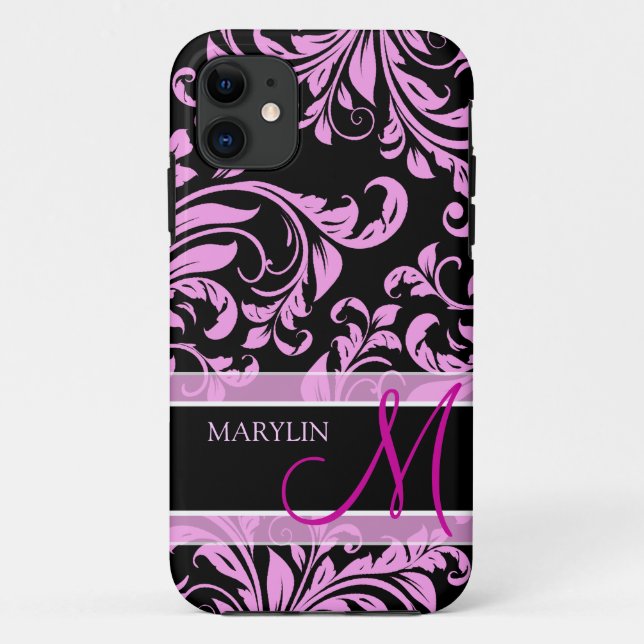 Elegant pink and black damask with monogram Case-Mate iPhone case (Back)