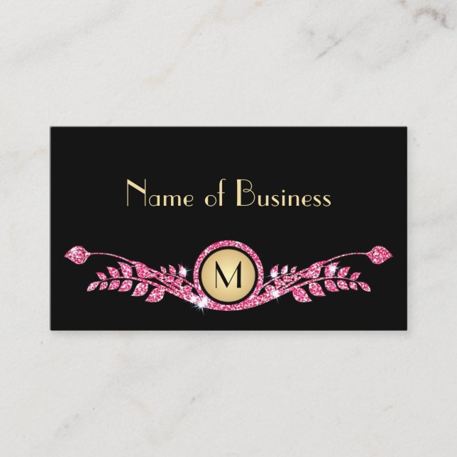 Elegant Pink and Black Faux Glitz Floral Monogram Business Card (Front)
