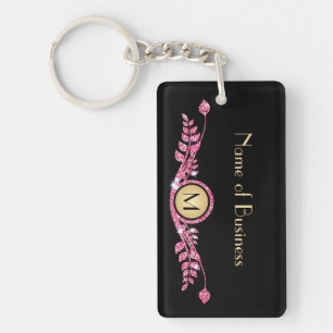 Elegant Pink and Black Faux Glitz Floral Monogram Key Ring