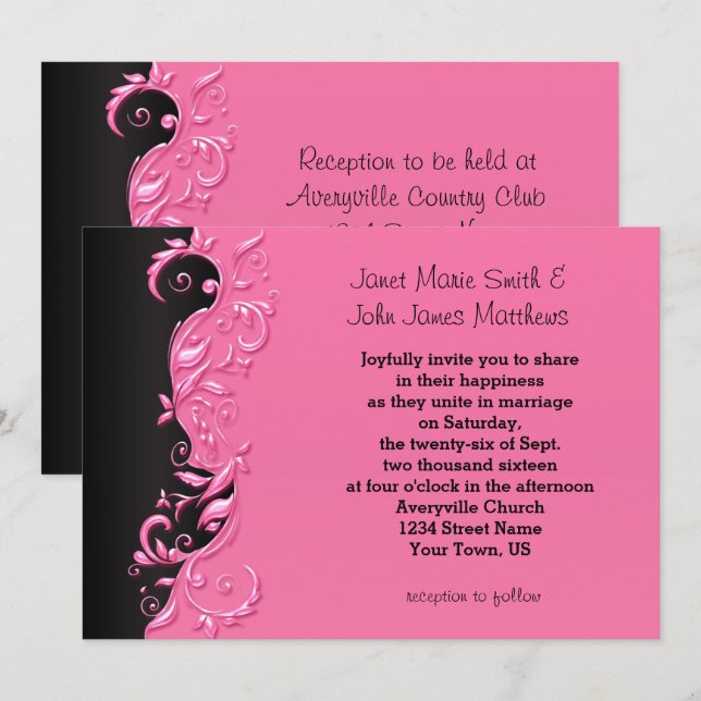 Elegant Pink and Black Florid Wedding Invitation (Front/Back)