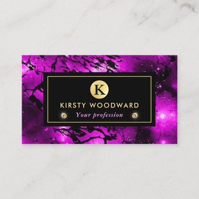 Elegant Pink and Black Galaxy Marble Monogram Business Card (Front)