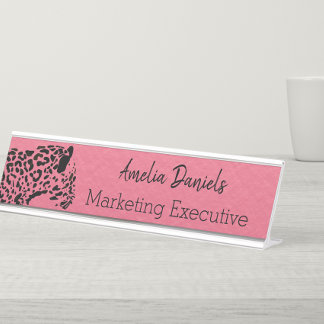 Elegant Pink and Black Jaguar  Desk Name Plate