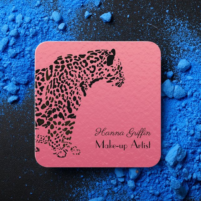 Elegant Pink and Black Jaguar Make-Up Square Business Card (Creator Uploaded)