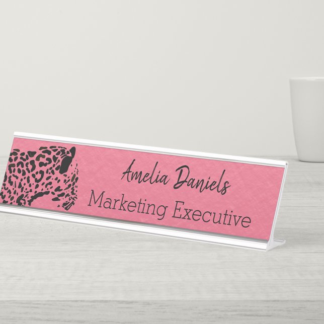Elegant Pink and Black Jaguar Monogram Desk Namepl Desk Name Plate (Creator Uploaded)