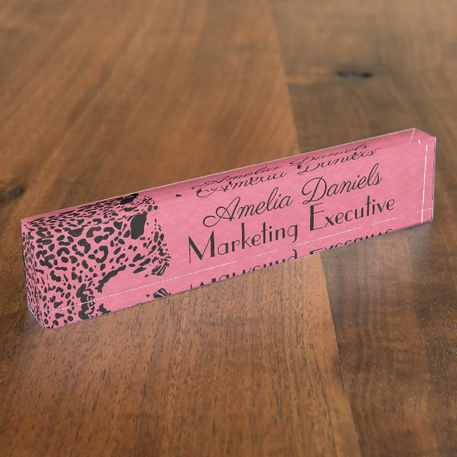 Elegant Pink and Black Jaguar Monogram Desk Nameplate (Side)