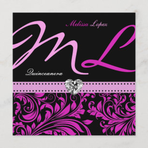 Elegant Pink and Black Quinceanera Invitation