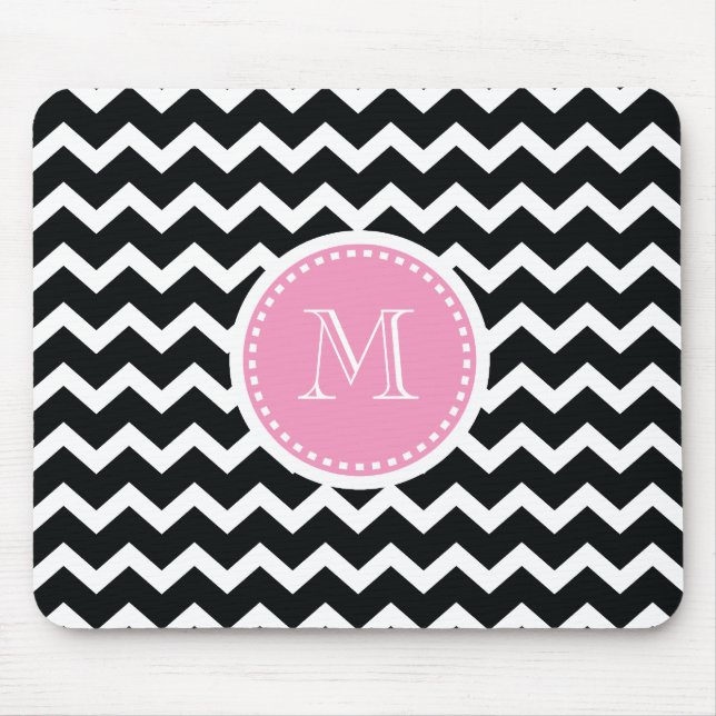 Elegant Pink and Black Retro Chevron Monogram Mouse Mat (Front)