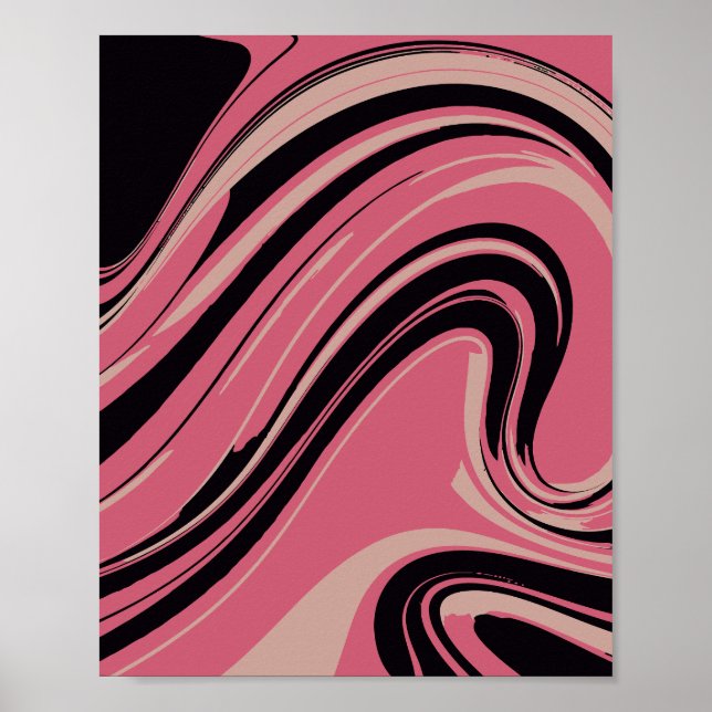 Elegant Pink and Black Swirl Abstract Art Poster (Front)