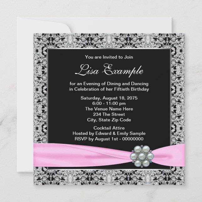 Elegant Pink and Black Womans 50th Birthday Party Invitation (Front)