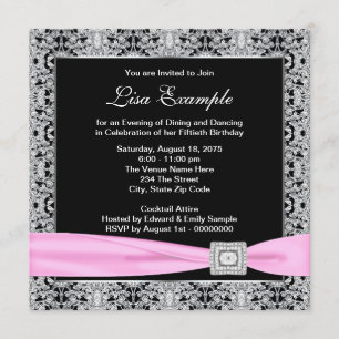 Elegant Pink and Black Womans 50th Birthday Party Invitation