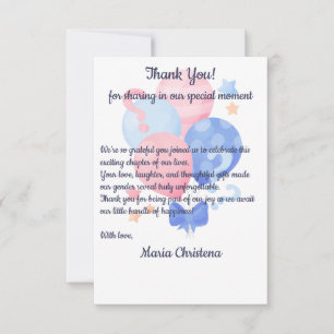Elegant Pink and Blue Balloons Gender Reveal Thank You Card