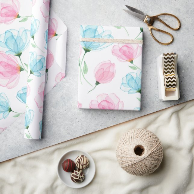 Elegant Pink and Blue Floral Pattern Wrapping Paper (Crafts)