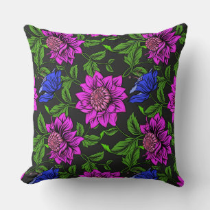 Elegant Pink And Blue Flower Black Background Cushion