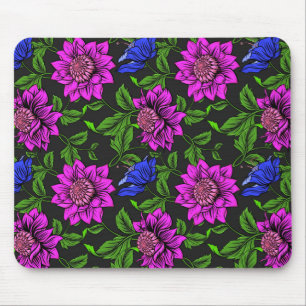 Elegant Pink And Blue Flower Black Background Mouse Mat