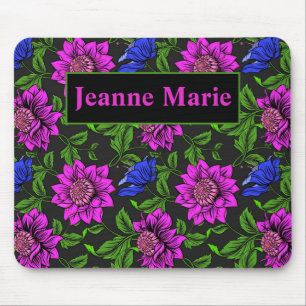 Elegant Pink And Blue Flower Black Background Mouse Mat