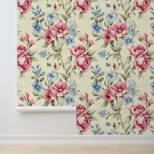 Elegant Pink and Blue Flowers Climbing a Trellis Wallpaper