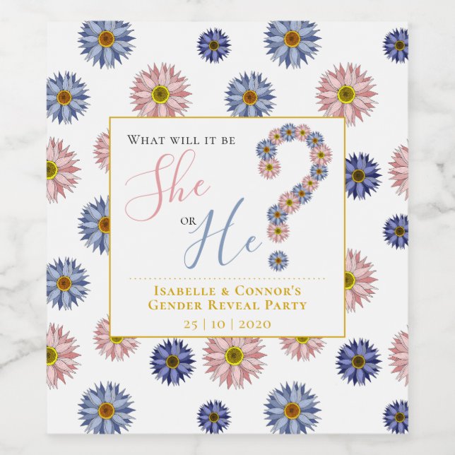 Elegant Pink and Blue Flowers Gender Reveal Party Wine Label (Single Label)