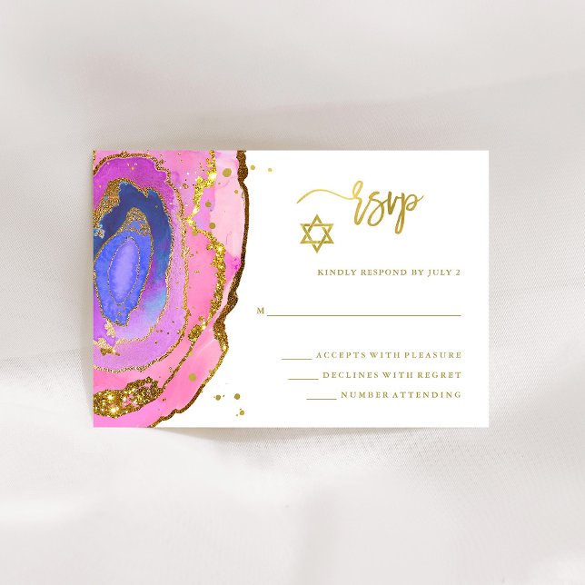Elegant Pink and Blue Geode with Gold Bat Mitzvah RSVP Card (Creator Uploaded)