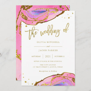 Elegant Pink and Blue Geode with Gold Wedding Invitation