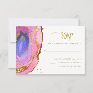 Elegant Pink and Blue Geode with Gold Wedding RSVP Card