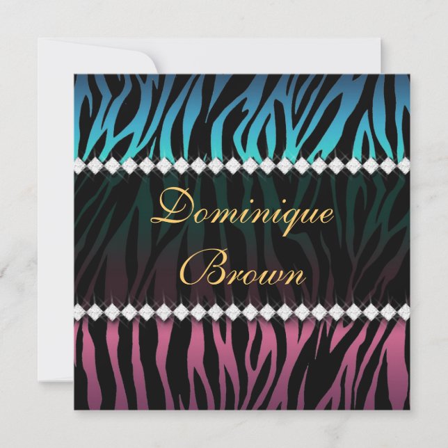 Elegant Pink and Blue Jewelled Zebra Invite (Front)
