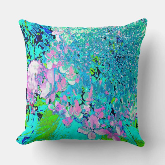 Elegant Pink and Blue Limelight Hydrangea Cushion (Front)