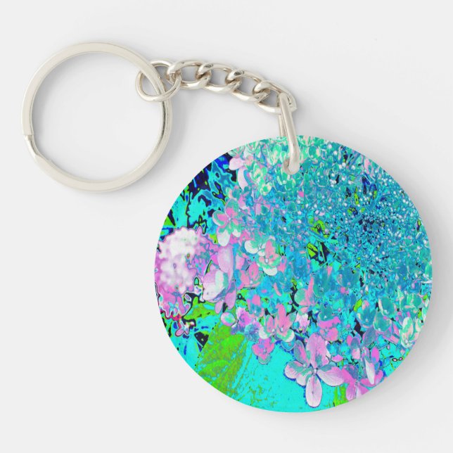 Elegant Pink and Blue Limelight Hydrangea Key Ring (Front)