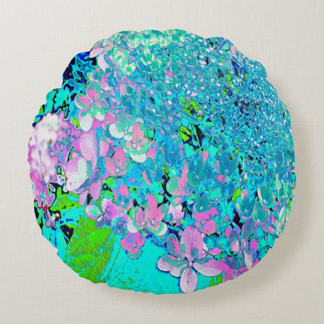 Elegant Pink and Blue Limelight Hydrangea Round Cushion (Front)