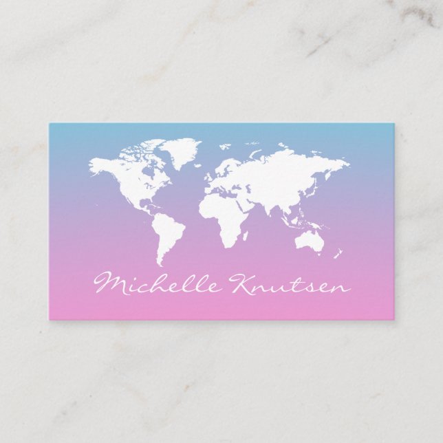 elegant Pink and Blue Travel Agent World Map  Business Card (Front)