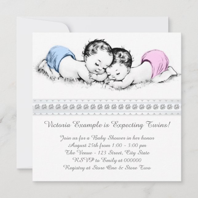 Elegant Pink and Blue Twin Baby Shower Invitation (Front)