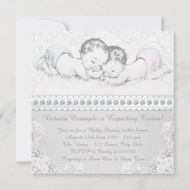 Elegant Pink and Blue Twin Baby Shower Invitation (Front)