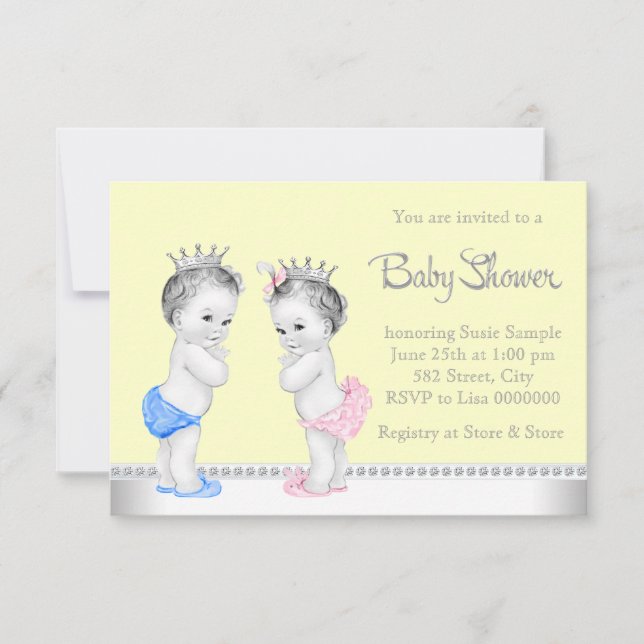 Elegant Pink and Blue Twins Baby Shower Invitation (Front)