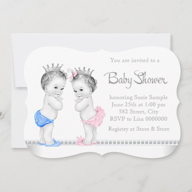 Elegant Pink and Blue Twins Baby Shower Invitation (Front)