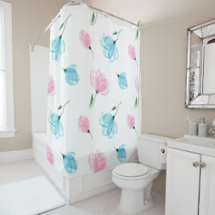 Elegant Pink and Blue Watercolor Floral Pattern Shower Curtain