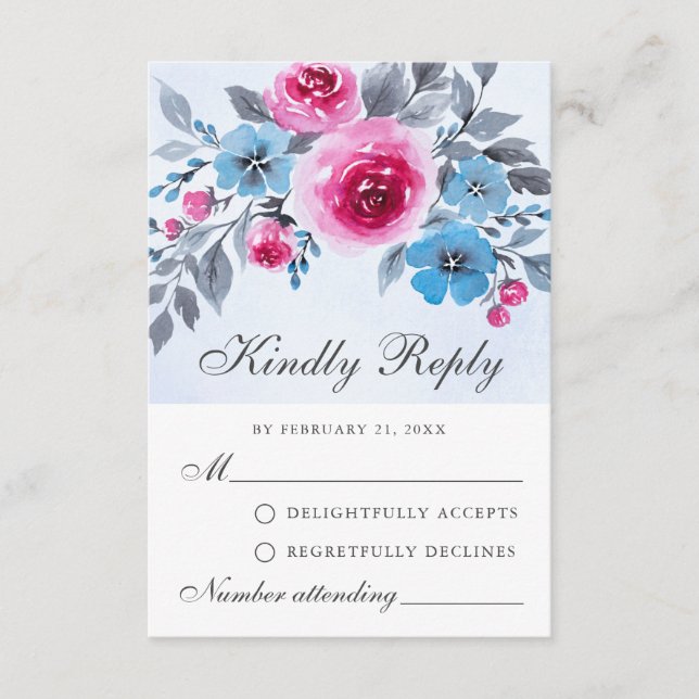 Elegant Pink And Blue Watercolor RSVP Card (Front)