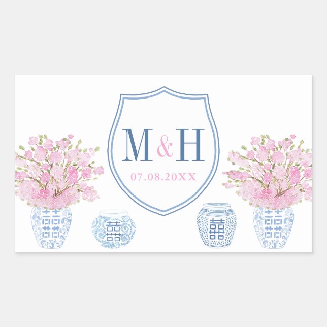 Elegant Pink And Blue Wedding Monogram Logo Favour Rectangular Sticker (Front)