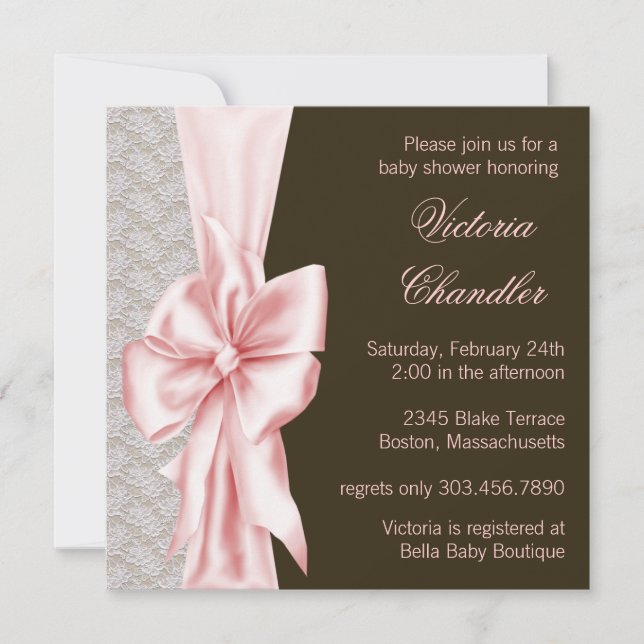 Elegant Pink and Brown Baby Girl Shower Invitation (Front)
