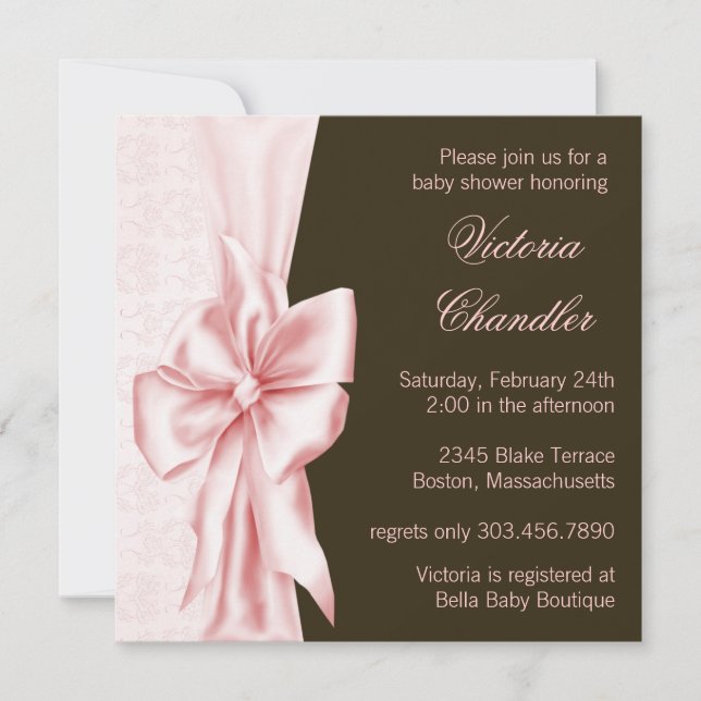 Elegant Pink and Brown Damask Baby Girl Shower Invitation (Front)