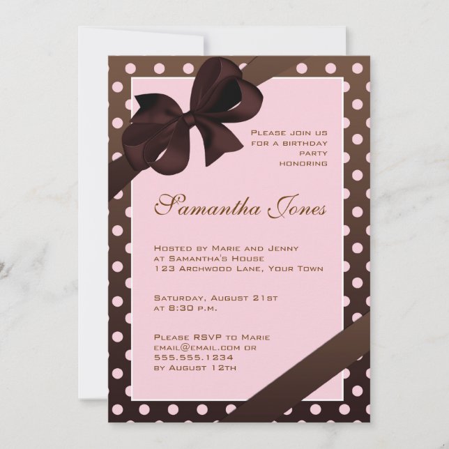 Elegant Pink and Brown Polka Dot Birthday Party Invitation (Front)