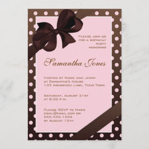 Elegant Pink and Brown Polka Dot Birthday Party Invitation